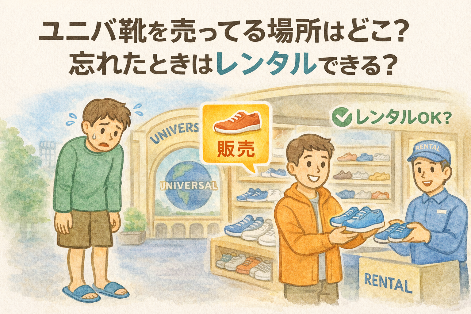 ユニバ靴を売ってる場所はどこ？忘れたときはレンタルできる？