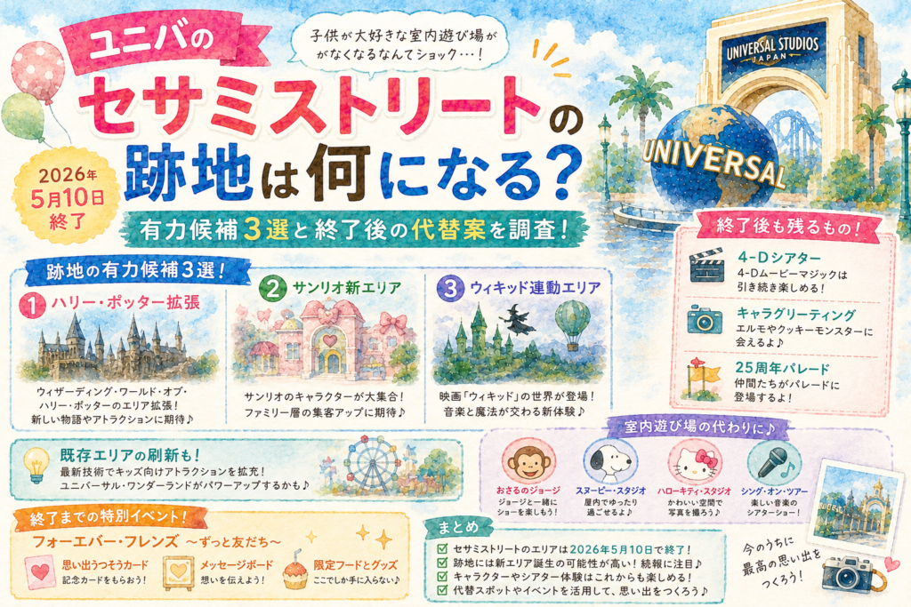 ユニバのセサミストリートは何になる？跡地の有力候補3選と終了後の代替案を調査