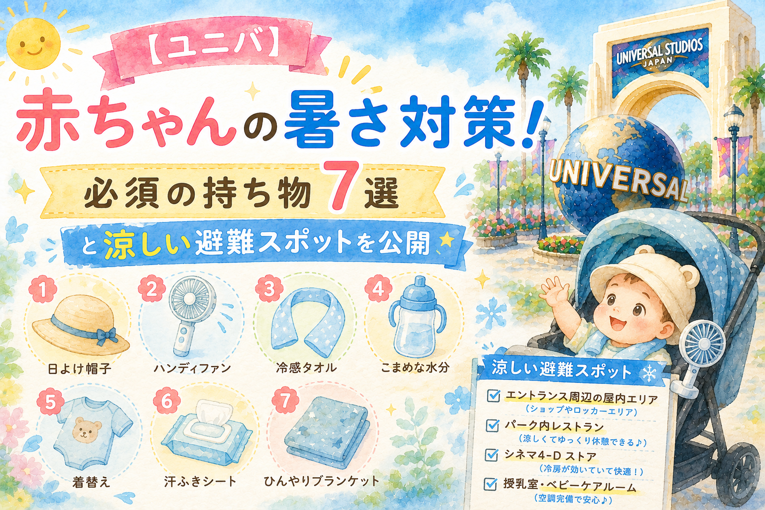 【ユニバ】赤ちゃんの暑さ対策！必須の持ち物7選と涼しい避難スポットを公開